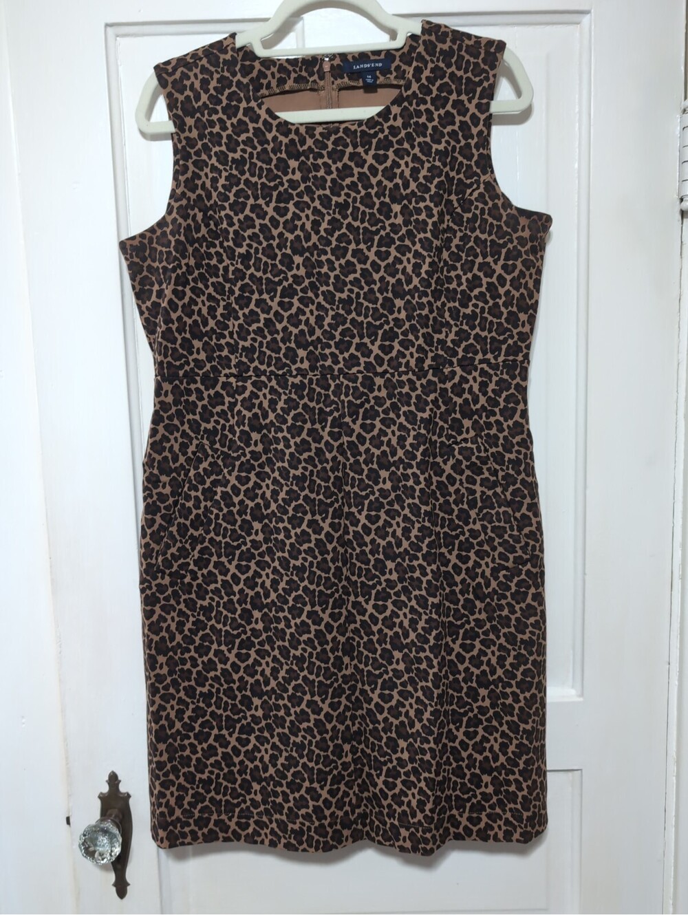 LANDS END SLEEVELESS PONTE WELT POCKET DRESS Animal LEOPARD Woman's 14(1439)C